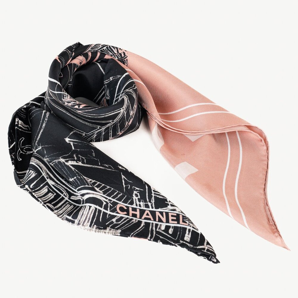 Chanel Dusty Rose & Black CC Cityscape-Print Silk Scarf